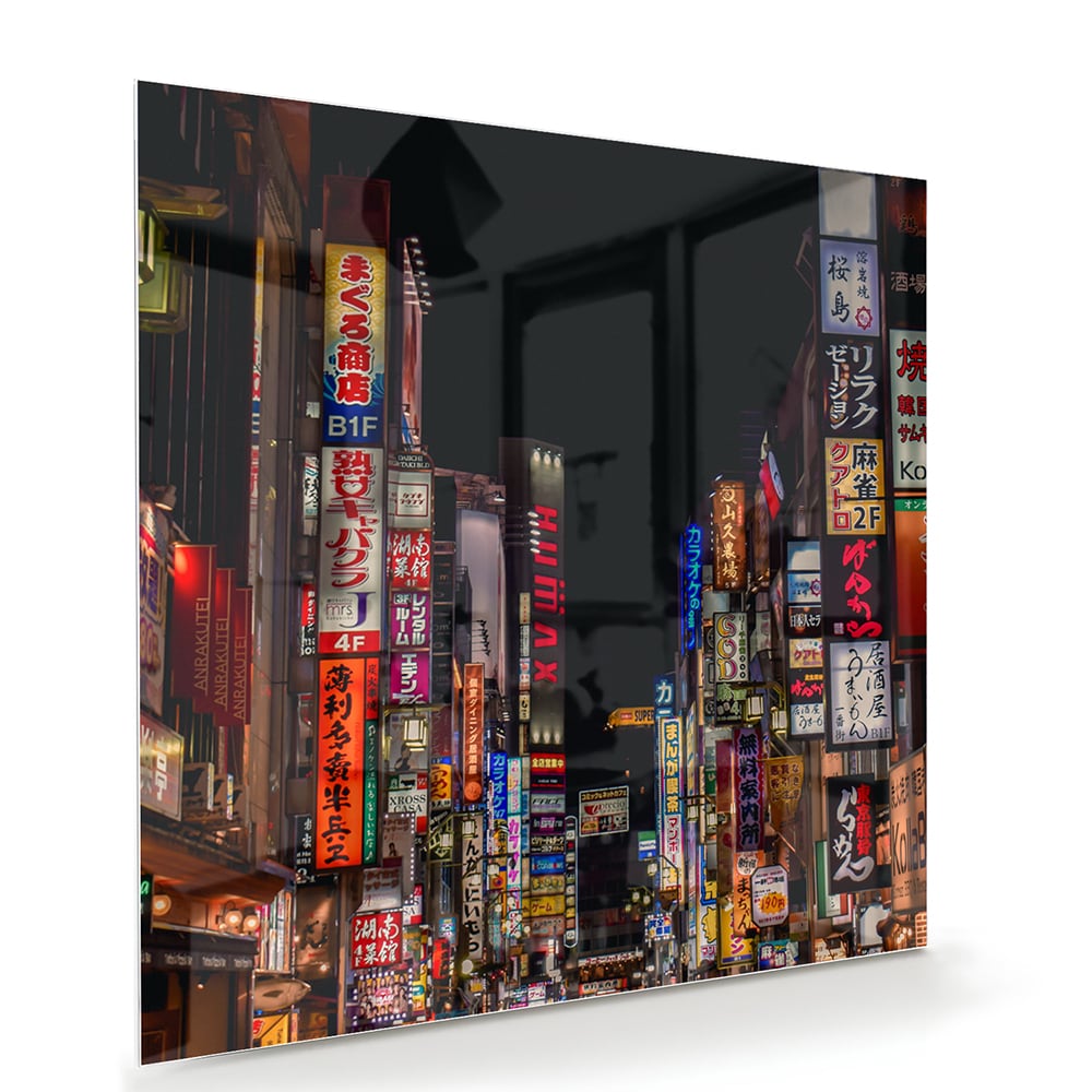 Glasbild mit urbaner Szenerie und bezaubernden Neonlichtern – Glasbild aus Sicherheitsglas, Größe 100x70