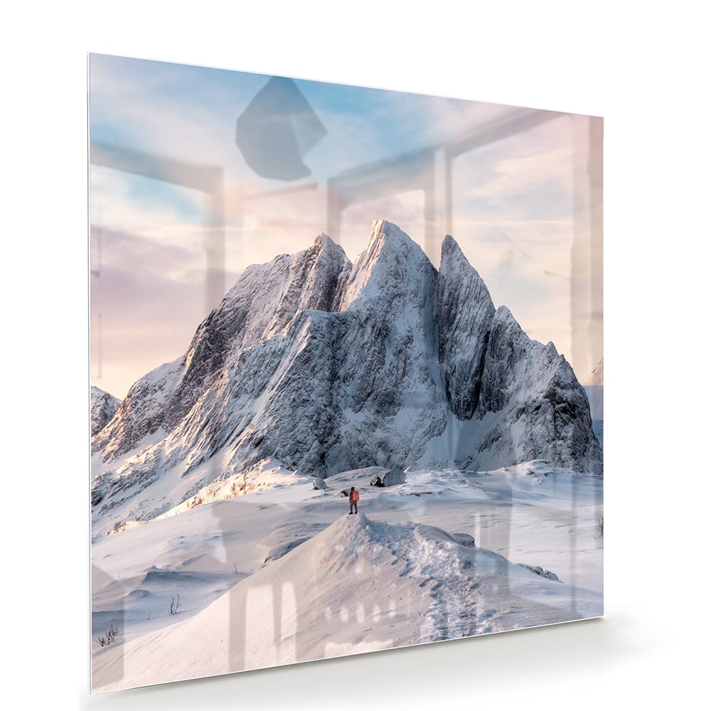 Atemberaubendes Glasbild mit verschneiten Bergen – Glasbild aus Sicherheitsglas, Größe 100x70