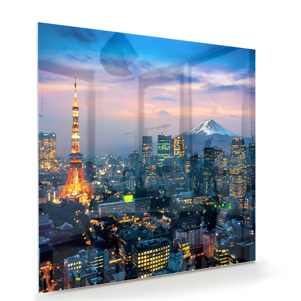 Glasbild mit Stadtpanorama, Fuji und Tokyo Tower – Glasbild aus Sicherheitsglas, Größe 100x70