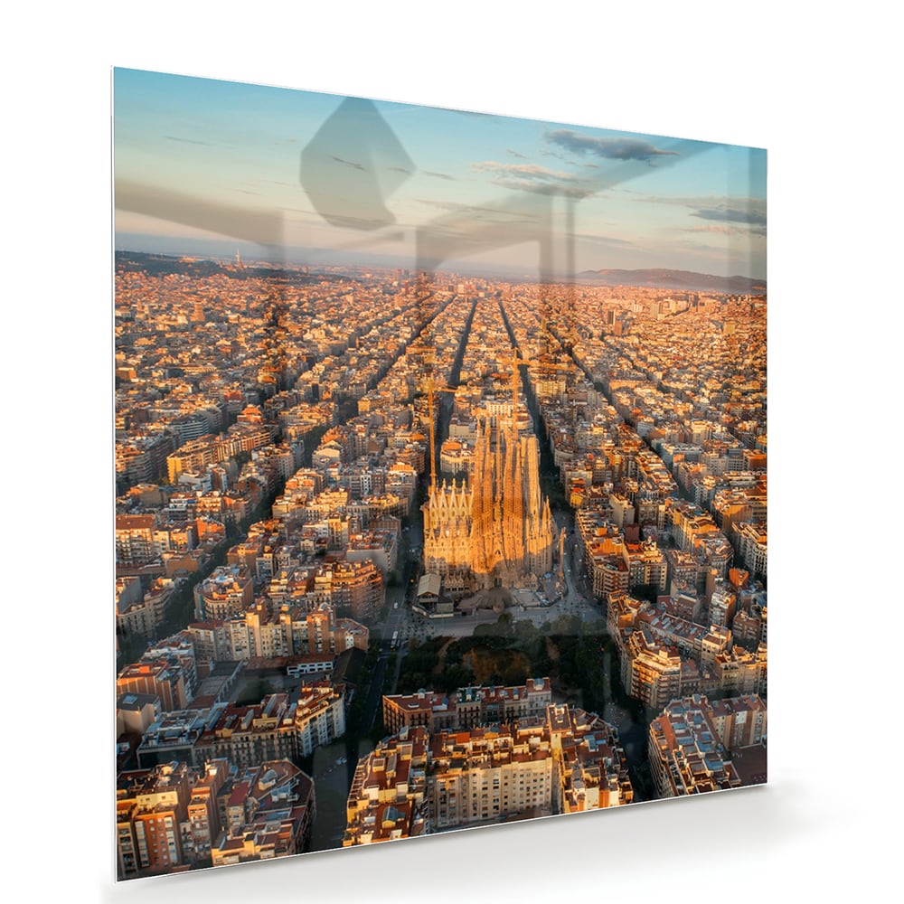 Glasbild mit atemberaubendem Stadtblick bei Sonnenuntergang – Glasbild aus Sicherheitsglas, Größe 100x70