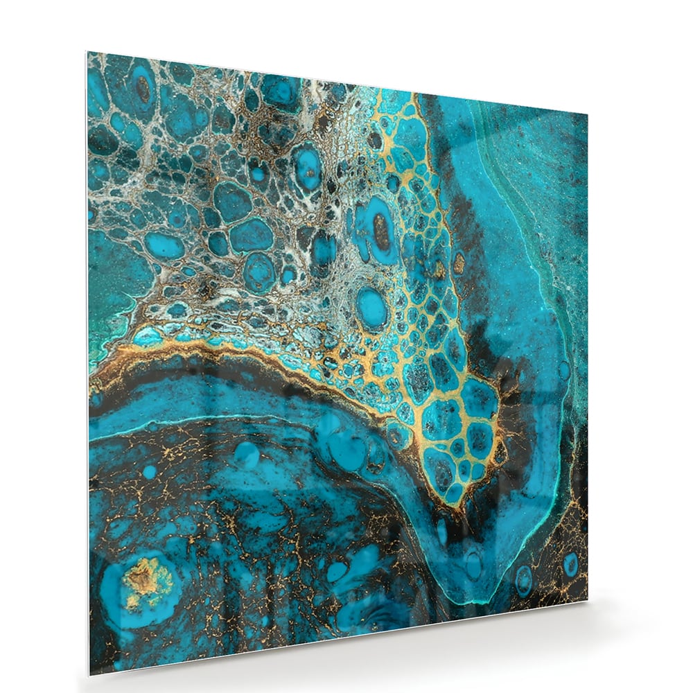 Abstraktes Glasbild in Türkis und Gold – Glasbild aus Sicherheitsglas, Größe 100x70