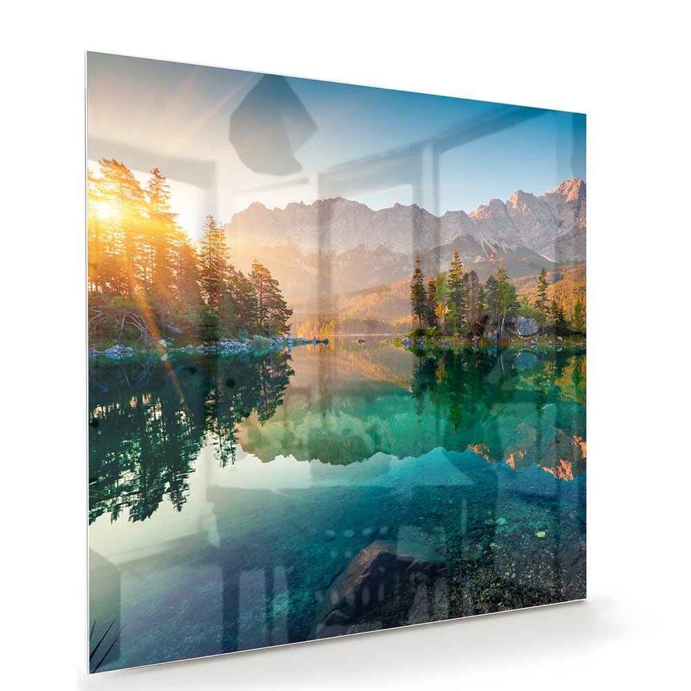 Wunderschönes Glasbild mit Berglandschaft und See – Glasbild aus Sicherheitsglas, Größe 100x70