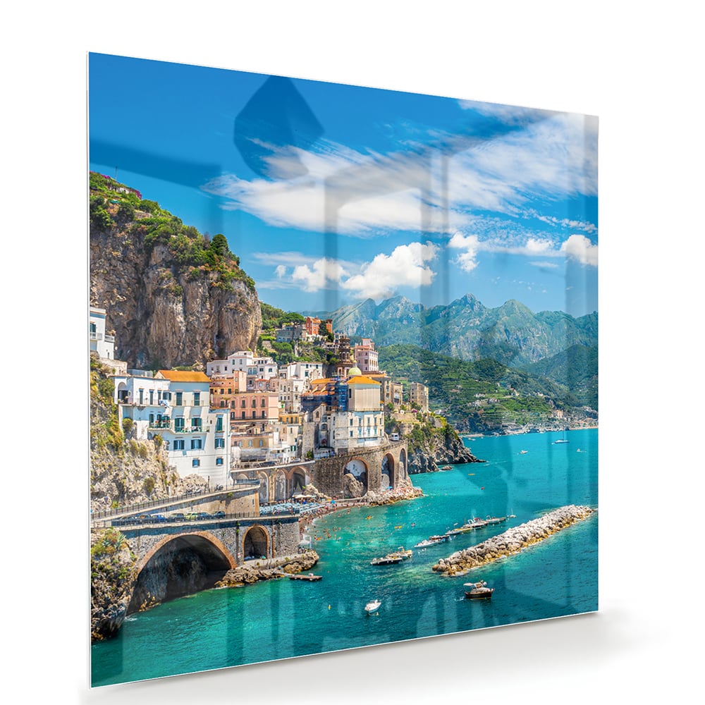 Glasbild mit blauem See und Bergen – Glasbild aus Sicherheitsglas, Größe 100x70