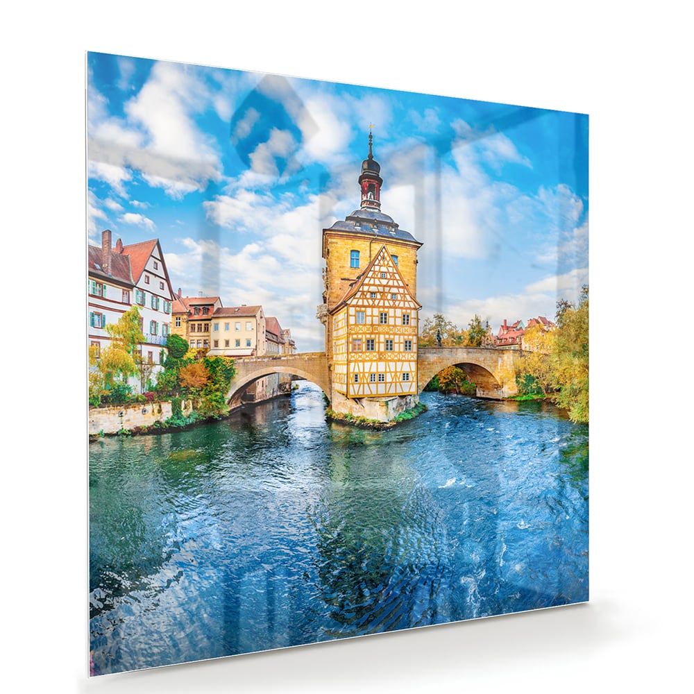 Glasbild mit malerischem Städtchen am Wasser – Glasbild aus Sicherheitsglas, Größe 100x70