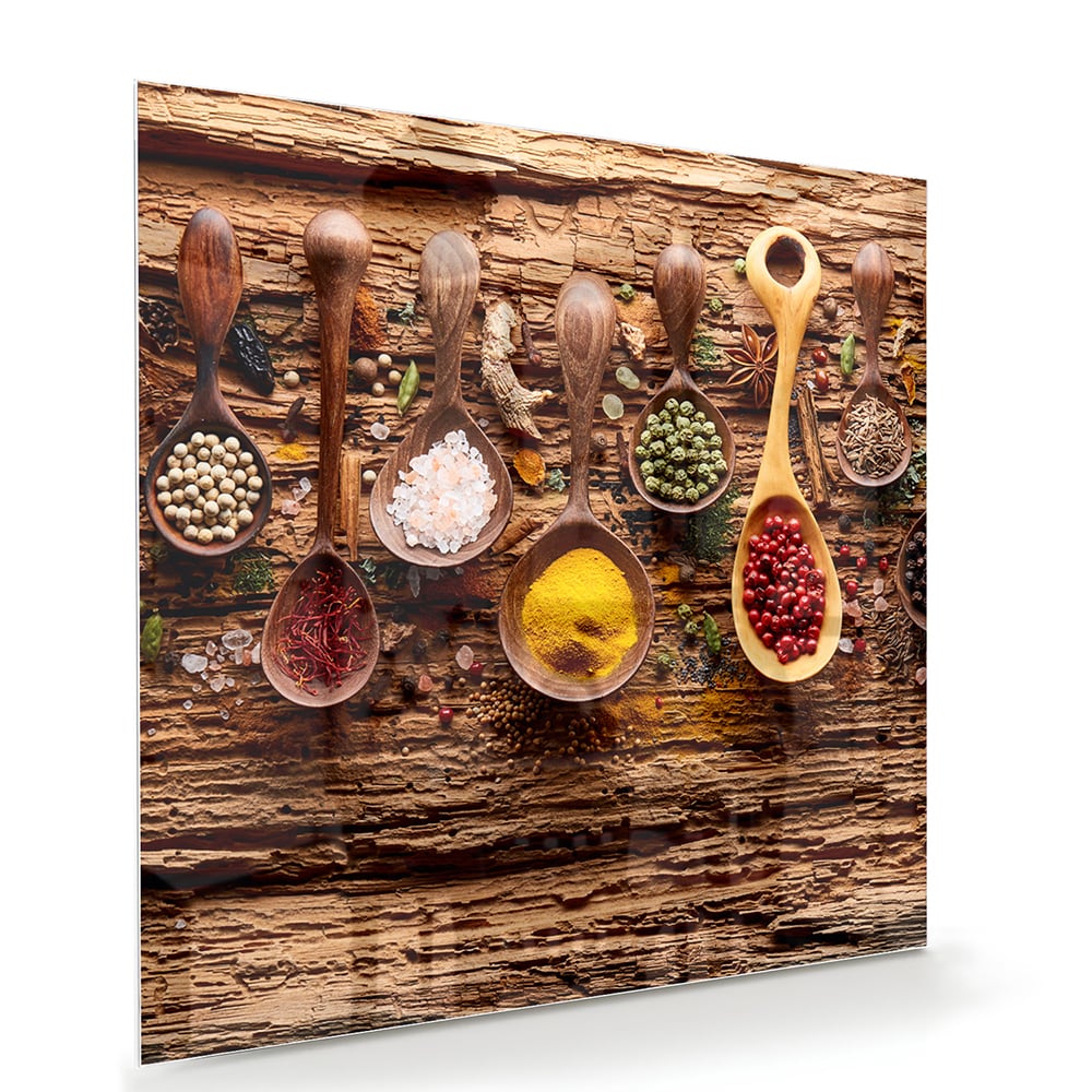 Buntes Glasbild mit Gewürzen und Löffelmotiven – Glasbild aus Sicherheitsglas, Größe 100x70