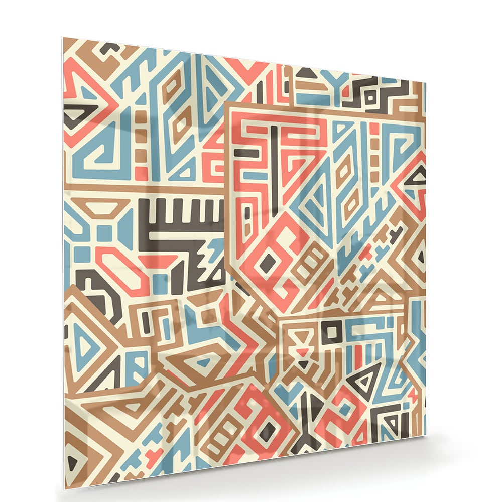 Abstraktes Glasbild mit farbenfrohen geometrischen Mustern – Glasbild aus Sicherheitsglas, Größe 100x70