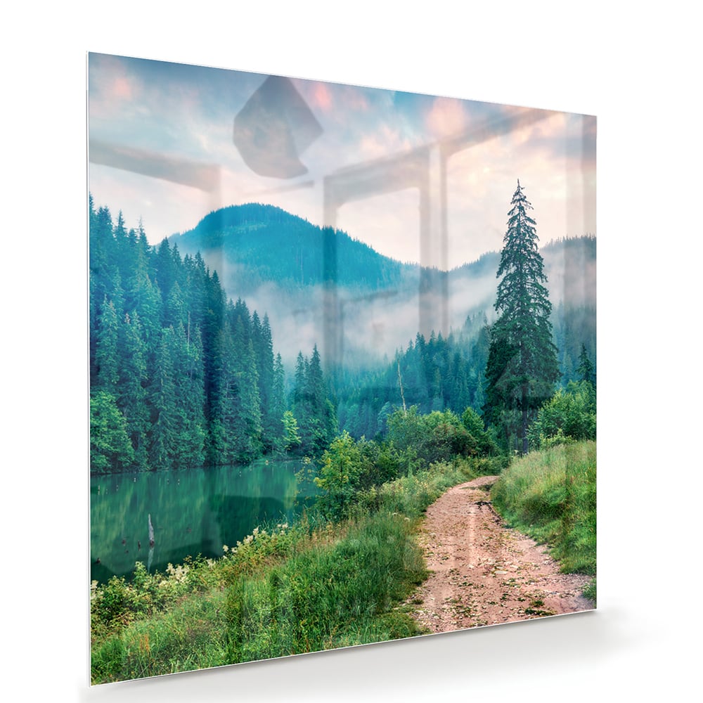 Stimmungsvolles Glasbild mit einer Berglandschaft – Glasbild aus Sicherheitsglas, Größe 100x70
