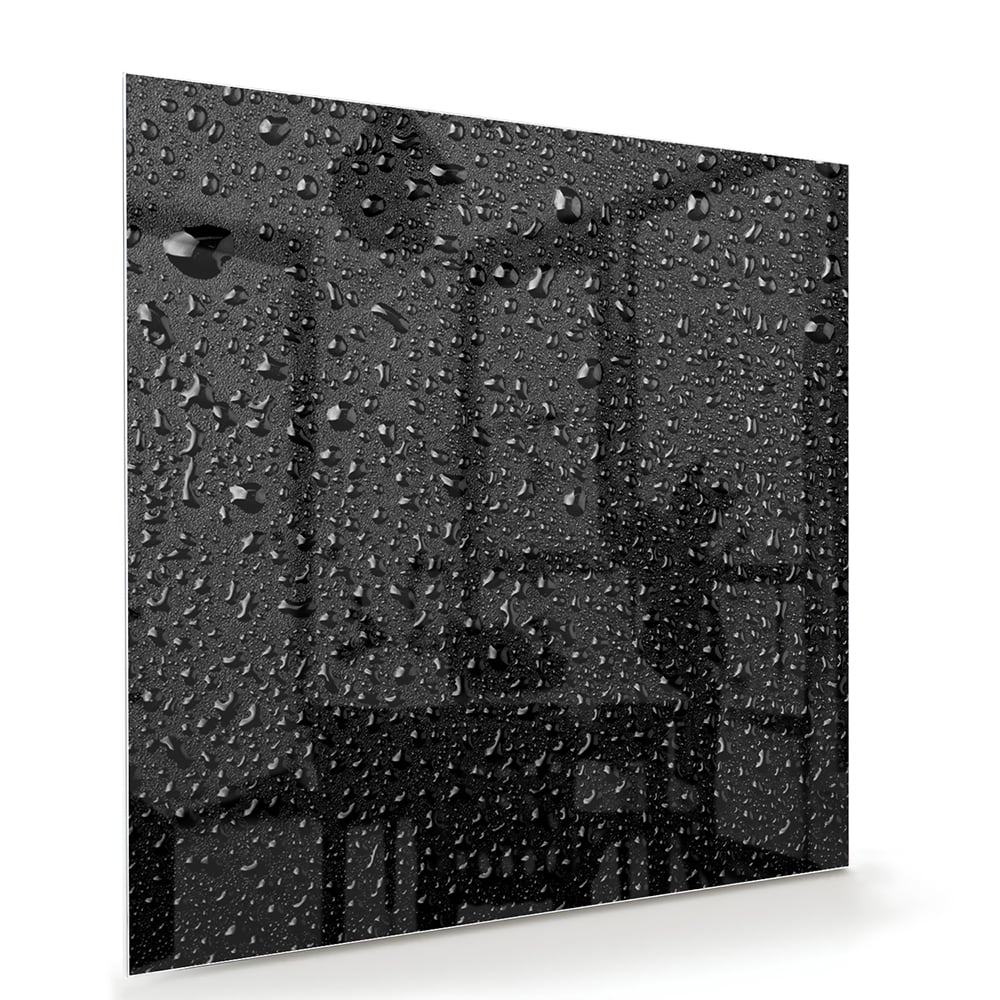 Glasbild mit Tropfen auf schwarzer Oberfläche – Glasbild aus Sicherheitsglas, Größe 100x70