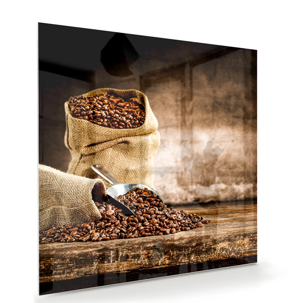 Glasbild mit Kaffee und Natur – Glasbild aus Sicherheitsglas, Größe 100x70