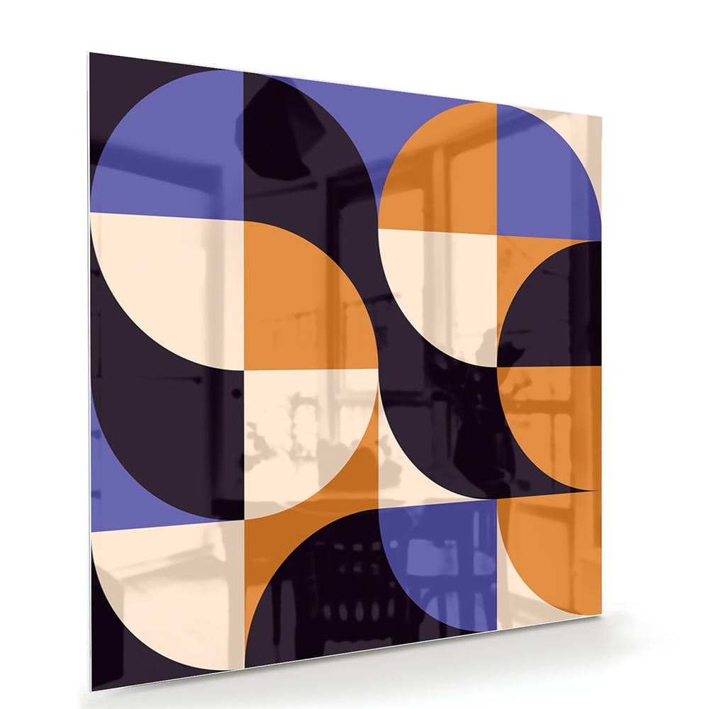 Abstraktes Glasbild in blauen und Orangetönen – Glasbild aus Sicherheitsglas, Größe 100x70