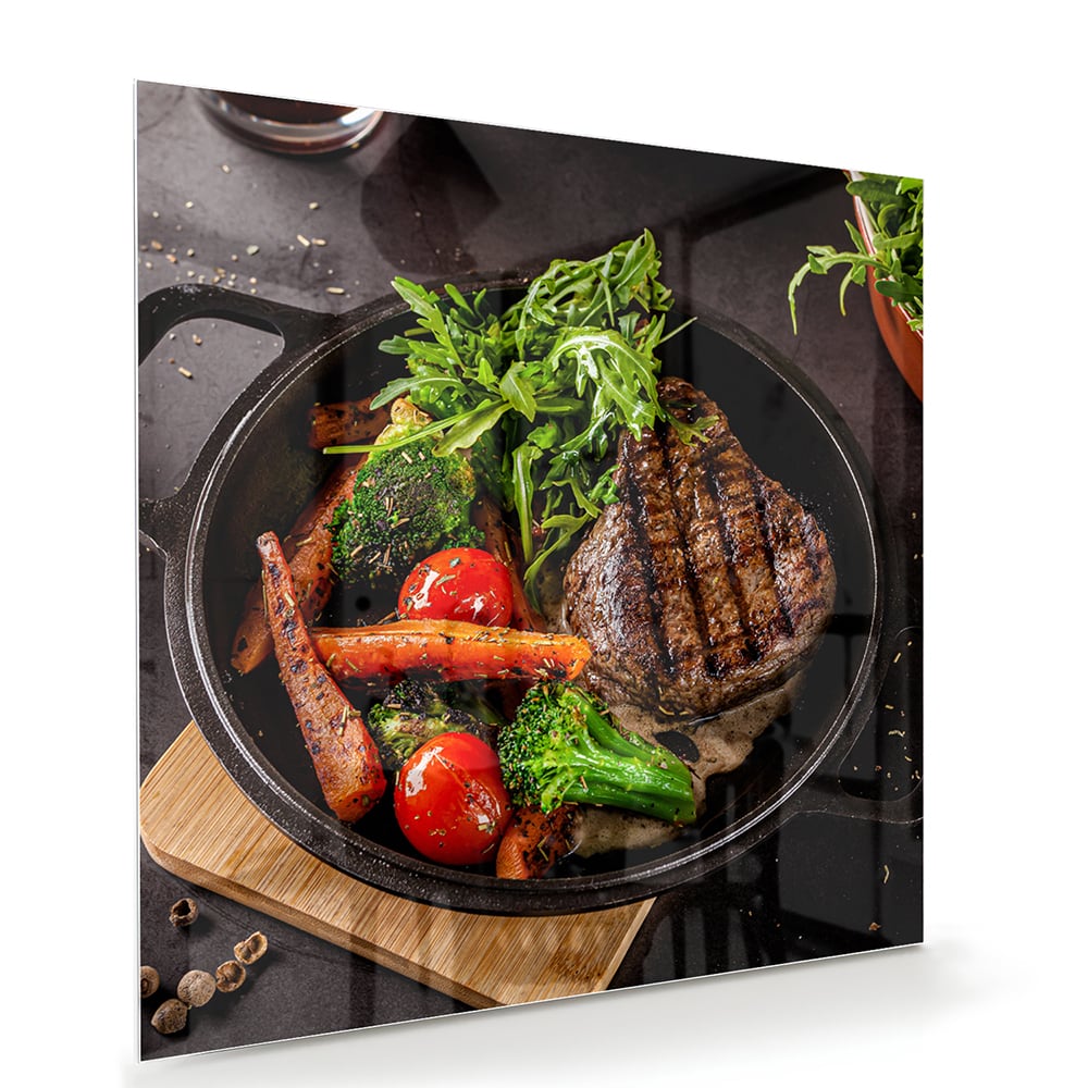 Glasbild mit köstlichen gegrillten Speisen – Glasbild aus Sicherheitsglas, Größe 100x70