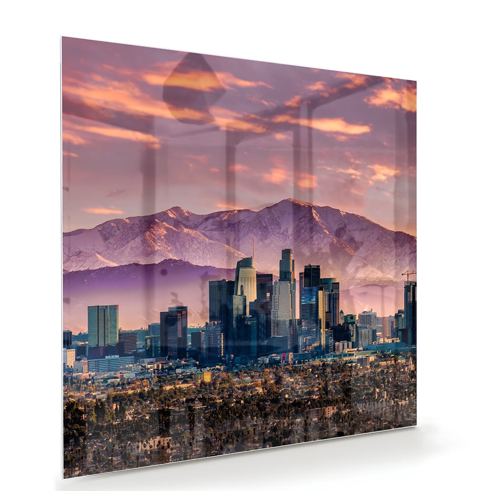 Glasbild Stadtpanorama bei Sonnenuntergang – Glasbild aus Sicherheitsglas, Größe 100x70