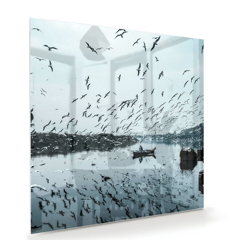 Glasbild mit Vögeln über einer ruhigen Wasserreflexion – Glasbild aus Sicherheitsglas, Größe 100x70