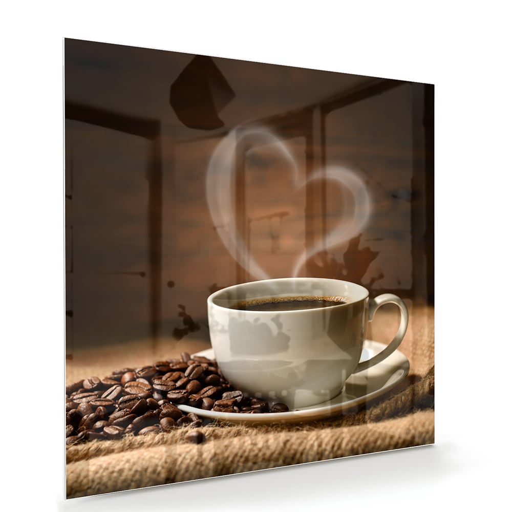 Glasbild mit Kaffee und Kaffeebohnen – Glasbild aus Sicherheitsglas, Größe 100x70
