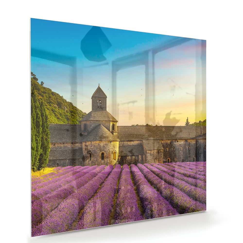 Wunderschönes Glasbild mit Lavendelfeldern – Glasbild aus Sicherheitsglas, Größe 100x70