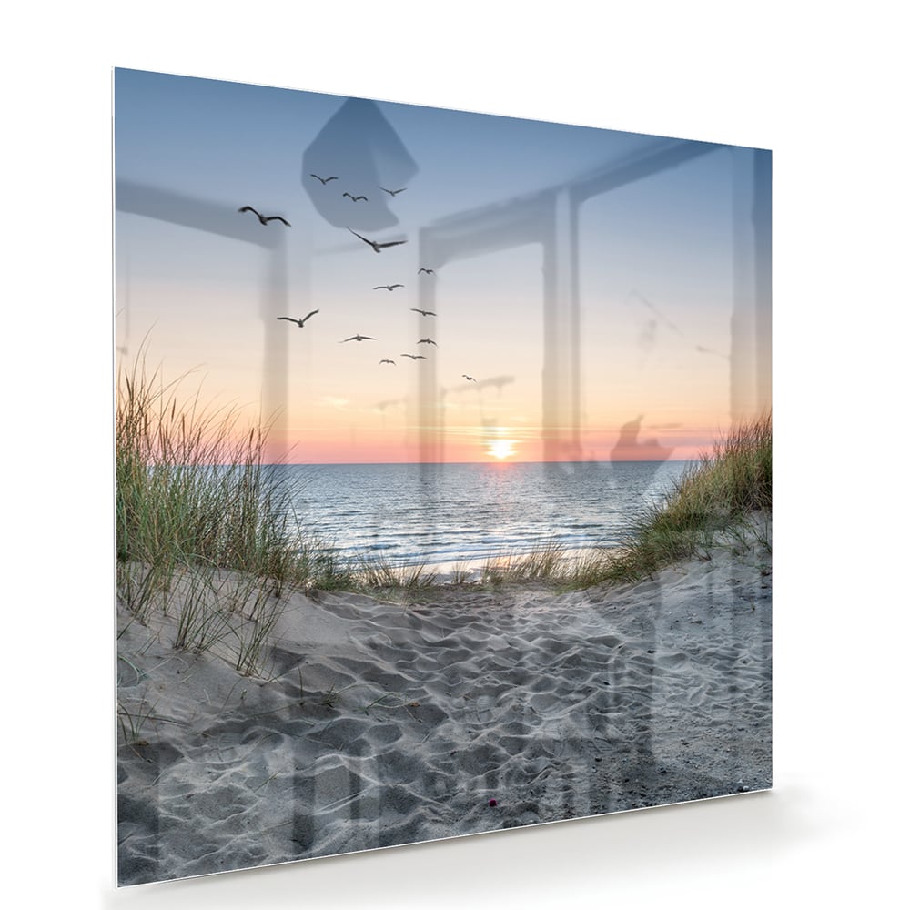 Glasbild mit ruhigem Sonnenuntergang am See – Glasbild aus Sicherheitsglas, Größe 100x70
