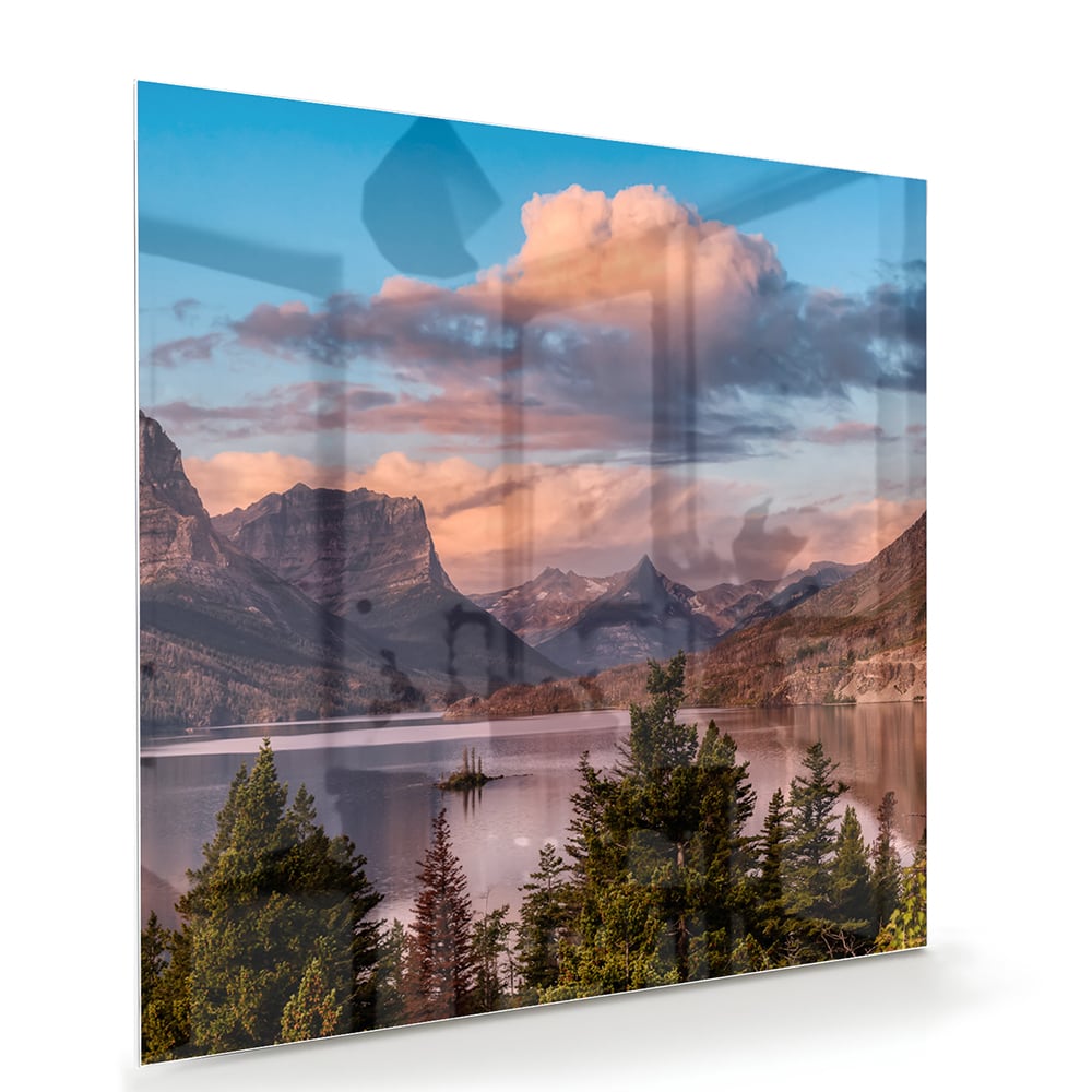 Glasbild mit Bergen bei Sonnenaufgang – Glasbild aus Sicherheitsglas, Größe 100x70