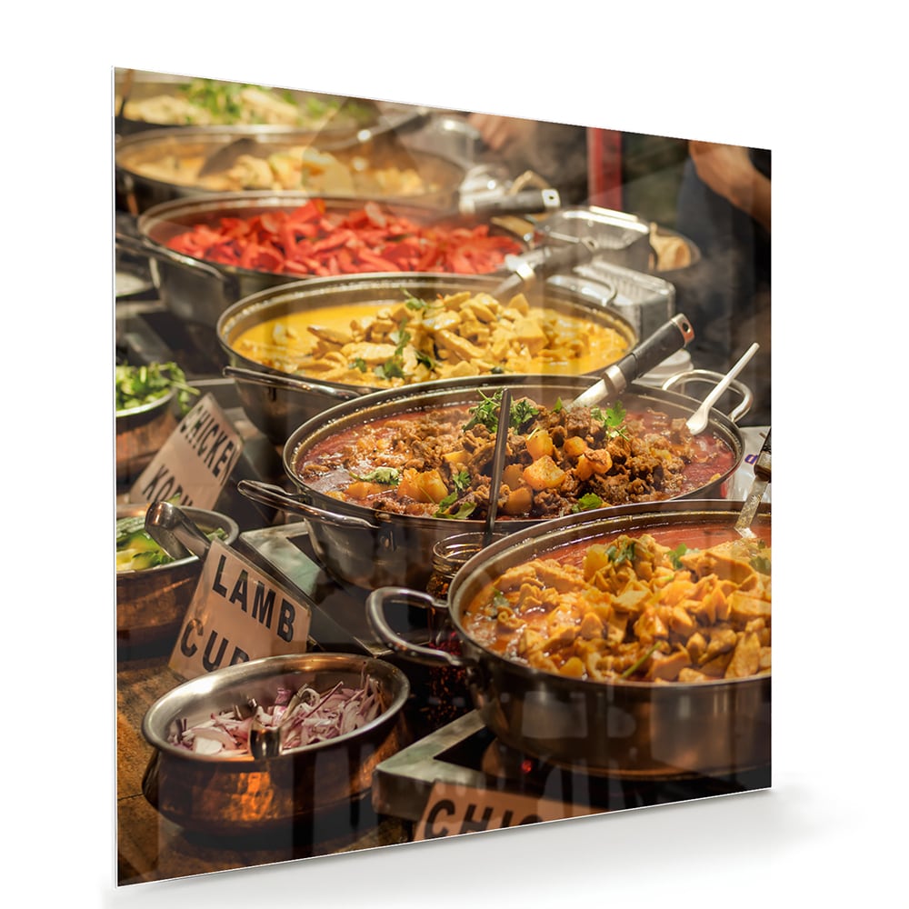 Farbenfrohes Glasbild mit indischem Essen – Glasbild aus Sicherheitsglas, Größe 100x70