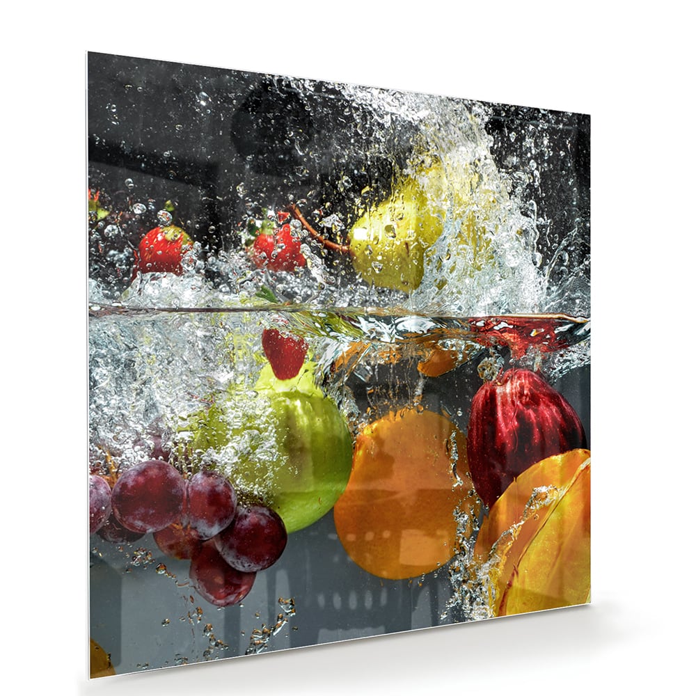 Leuchtendes Glasbild mit Früchten und Wassertropfen – Glasbild aus Sicherheitsglas, Größe 100x70