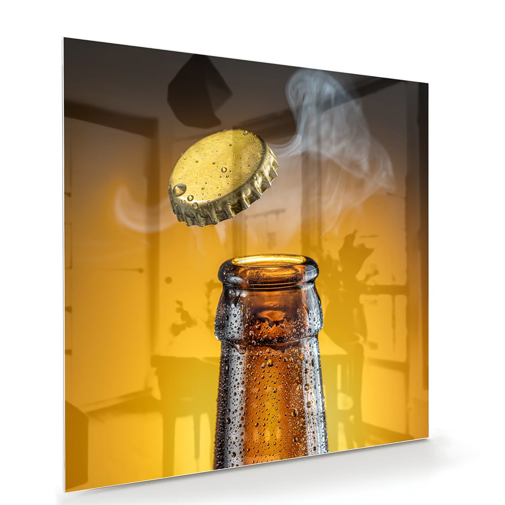 Glasbild mit aufsteigender Flasche und Verschluss – Glasbild aus Sicherheitsglas, Größe 100x70