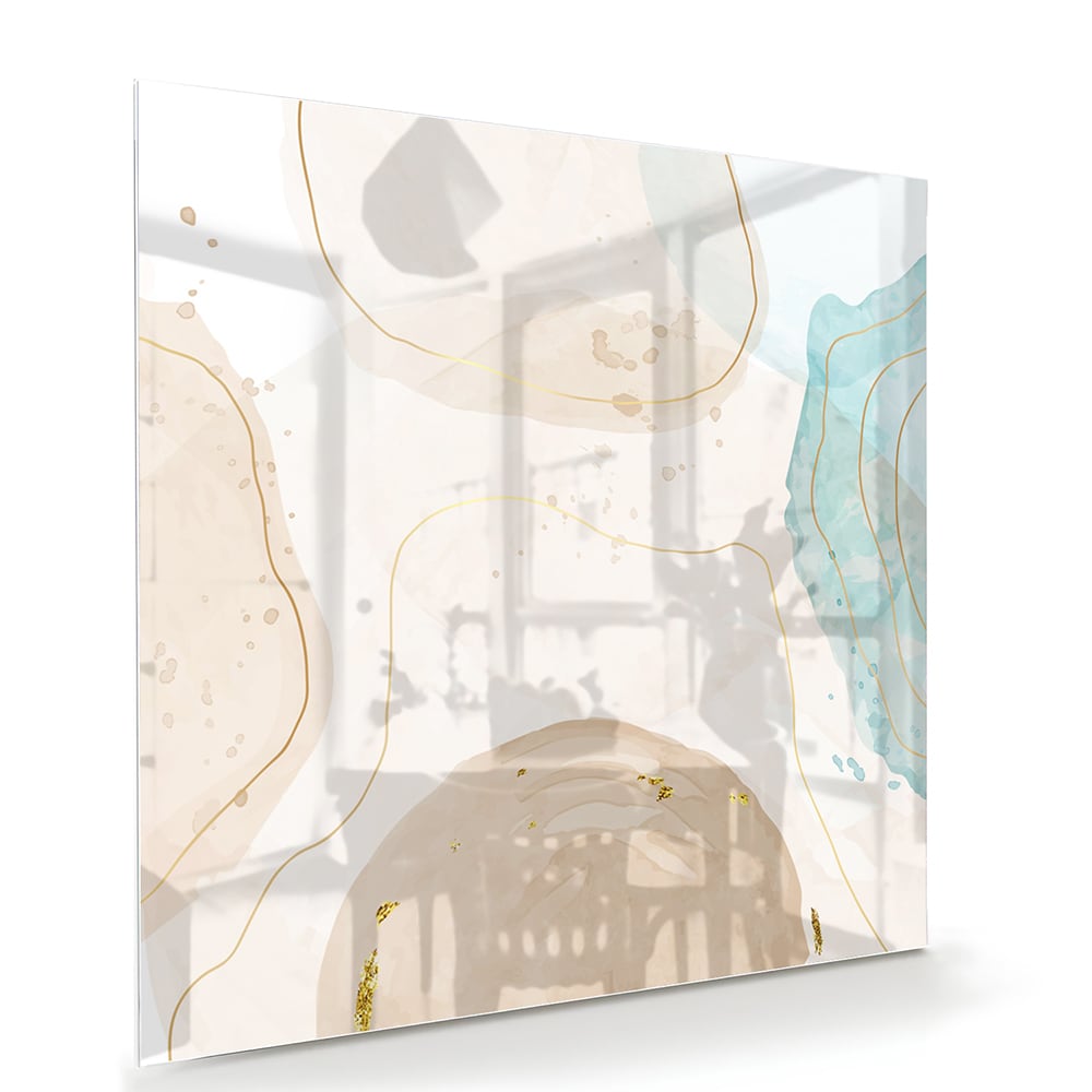 Elegantes Glasbild mit sanftem Aqua und goldenen Farbtönen – Glasbild aus Sicherheitsglas, Größe 100x70