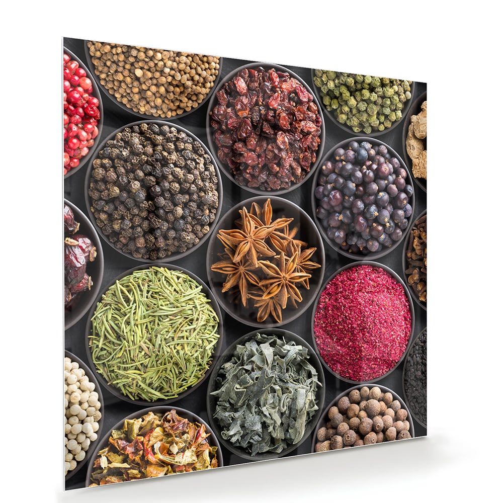 Farbenfrohes Glasbild mit Gewürzen und Kräutern – Glasbild aus Sicherheitsglas, Größe 100x70
