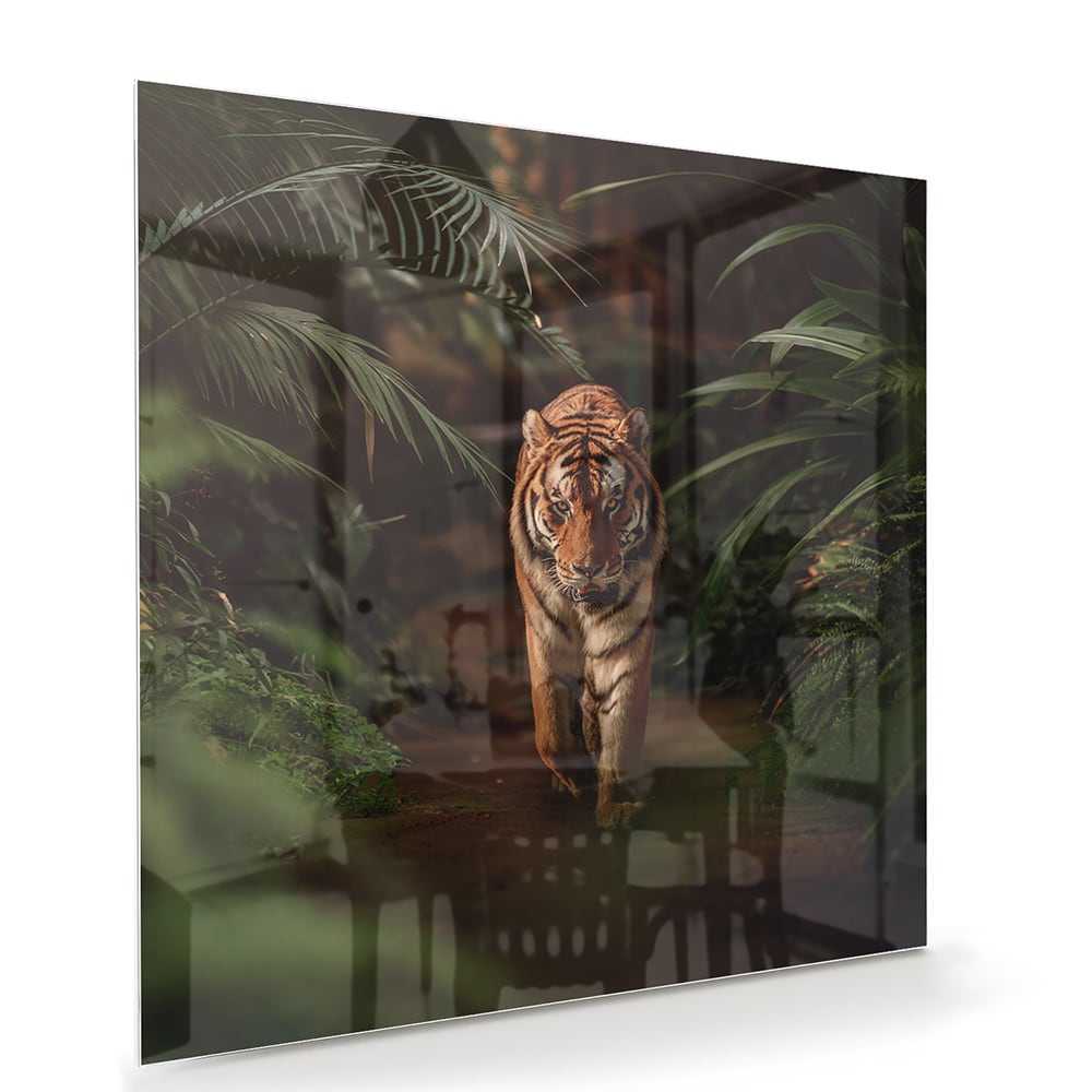 Elegantes Glasbild mit Tiger zwischen Blättern – Glasbild aus Sicherheitsglas, Größe 100x70