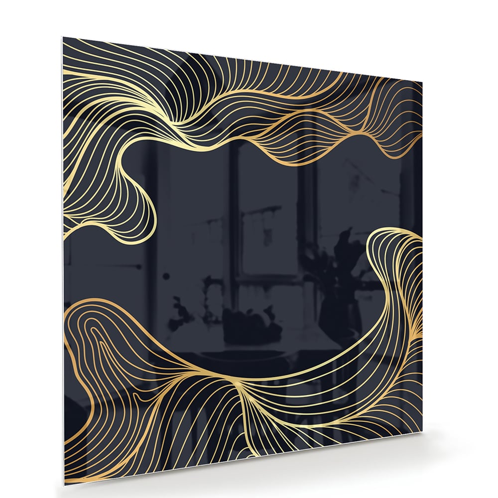 Elegantes Glasbild mit goldenen Linien auf dunkelblauem Hintergrund – Glasbild aus Sicherheitsglas, Größe 100x70
