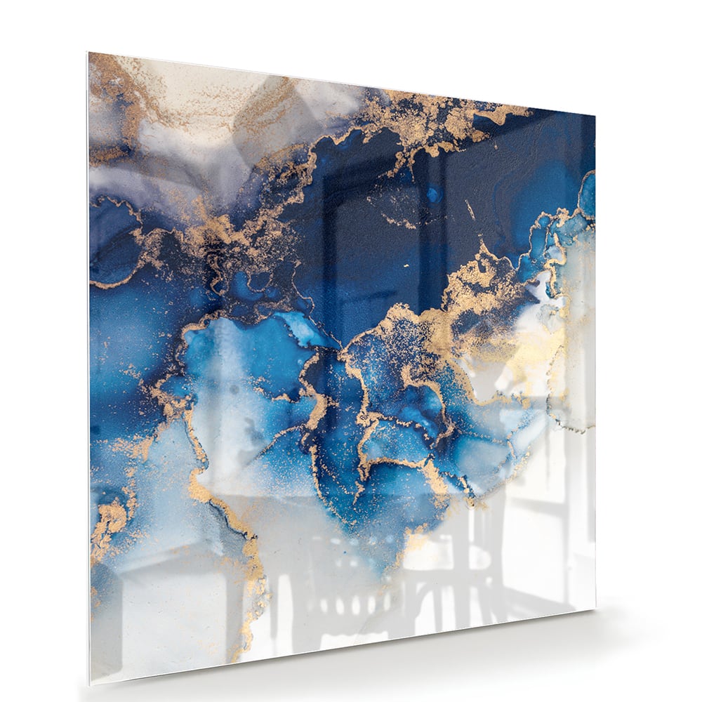 Mehrschichtiges Glasbild in Blau und Gold – Glasbild aus Sicherheitsglas, Größe 100x70