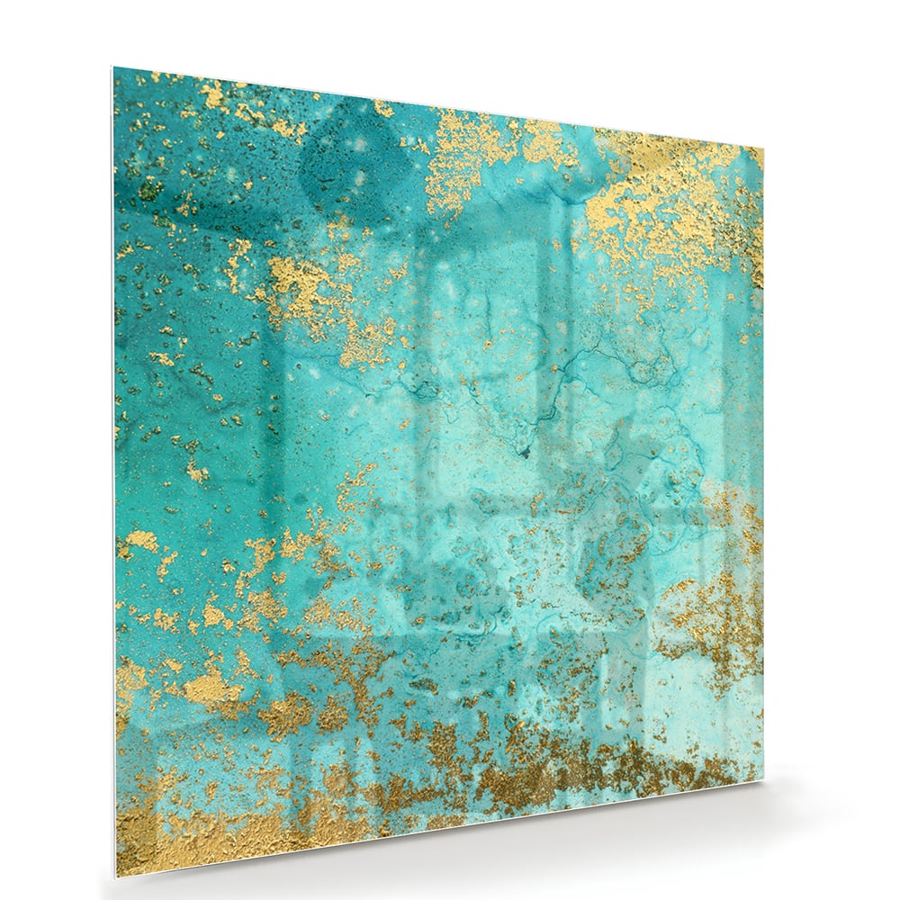 Glasbild mit goldenen Akzenten auf Türkis – Glasbild aus Sicherheitsglas, Größe 100x70