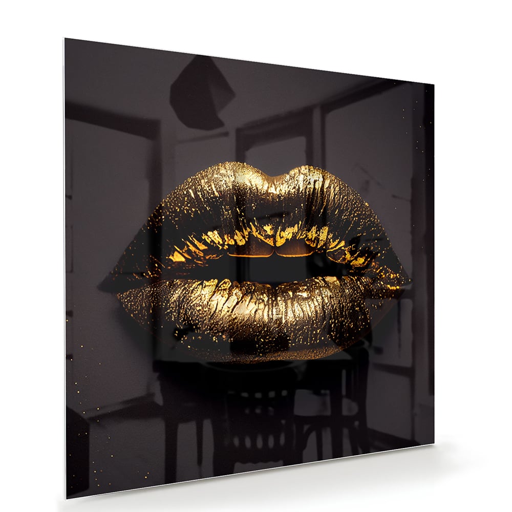 Glasbild mit goldenen Lippen für ein luxuriöses Interieur – Glasbild aus Sicherheitsglas, Größe 100x70