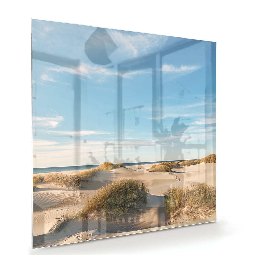 Glasbild mit Dünen und blauem Himmel – Glasbild aus Sicherheitsglas, Größe 100x70