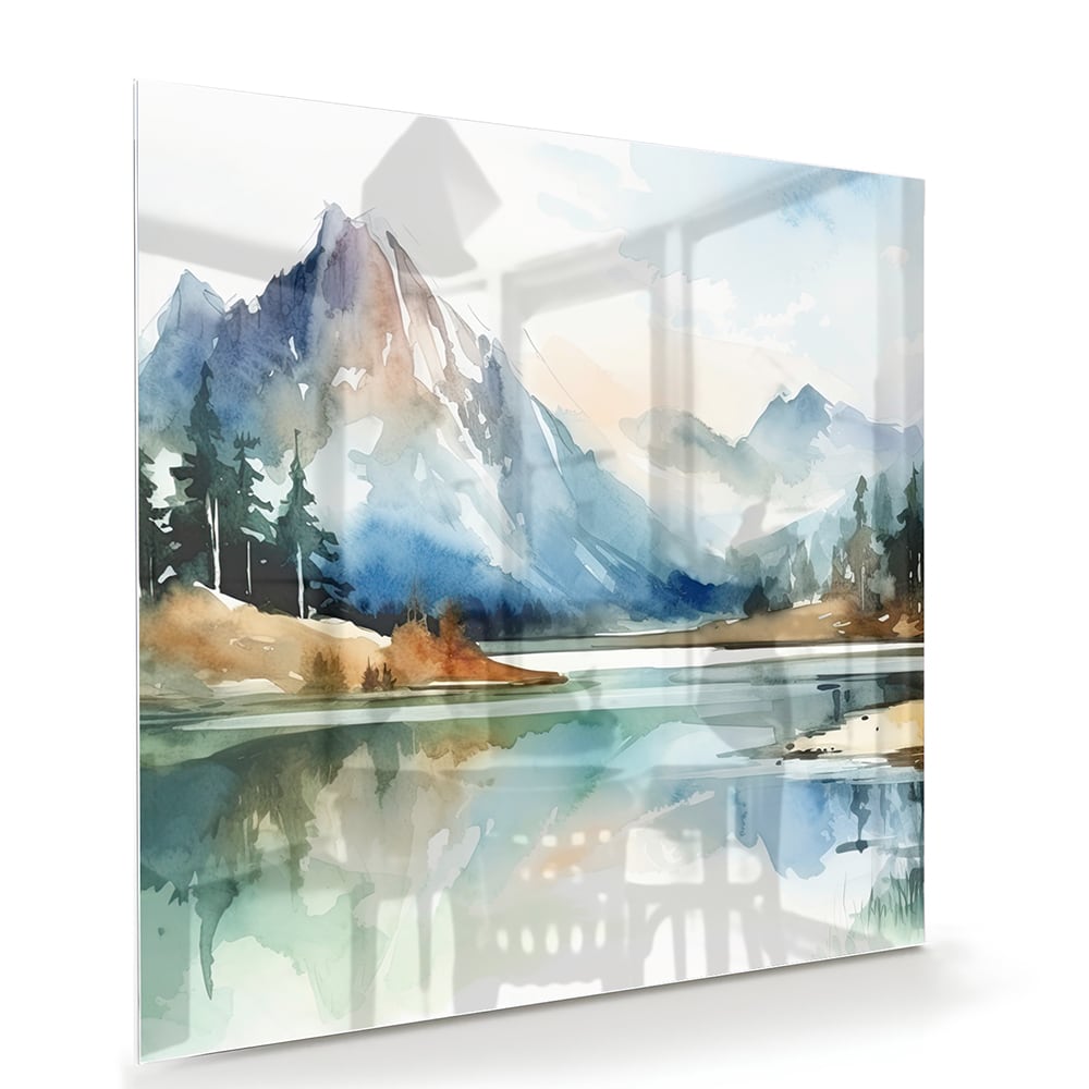 Glasbild mit Bergen und See im Aquarellstil – Glasbild aus Sicherheitsglas, Größe 100x70