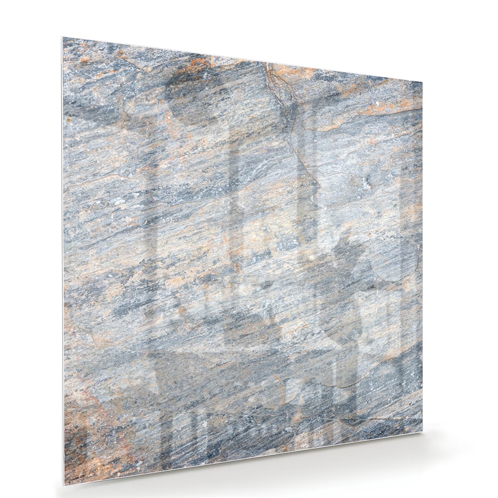 Abstraktes Glasbild mit blauen und orangefarbenen Tönen – Glasbild aus Sicherheitsglas, Größe 100x70