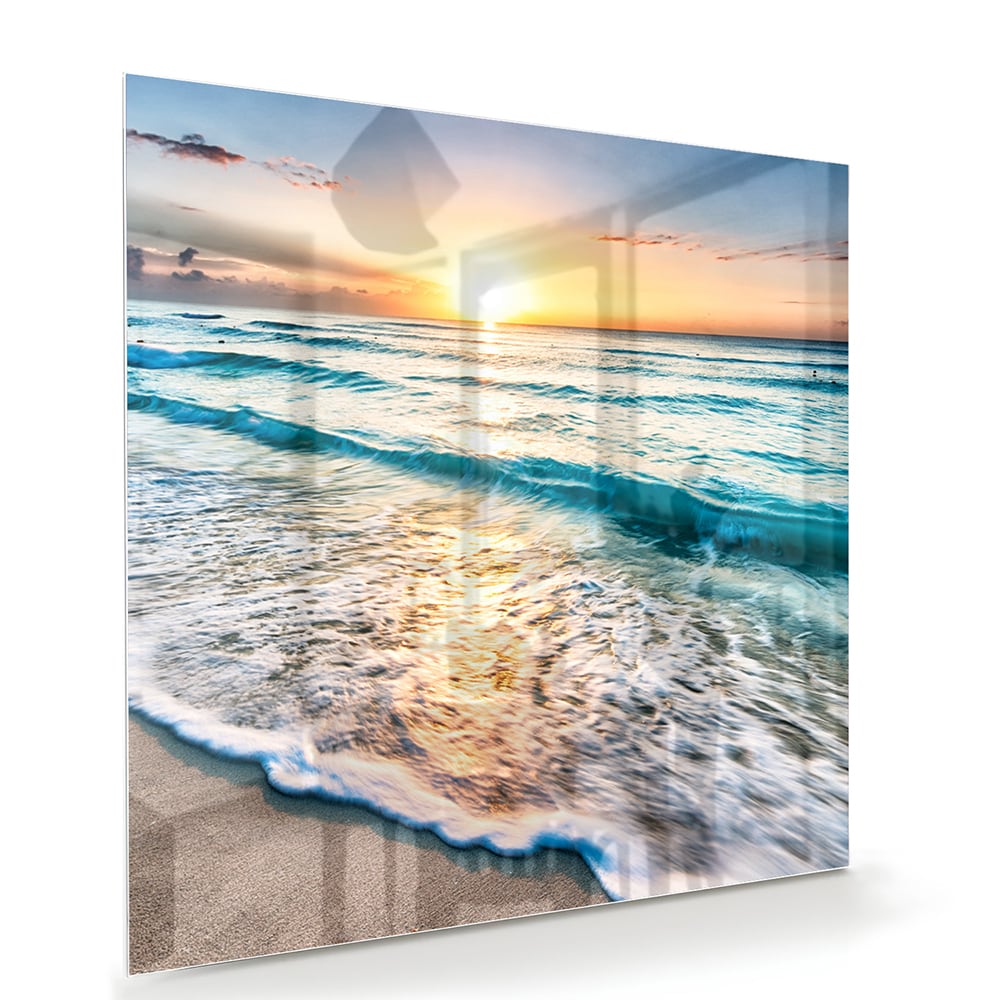 Wunderschönes Glasbild mit einem Sonnenuntergang am See – Glasbild aus Sicherheitsglas, Größe 100x70