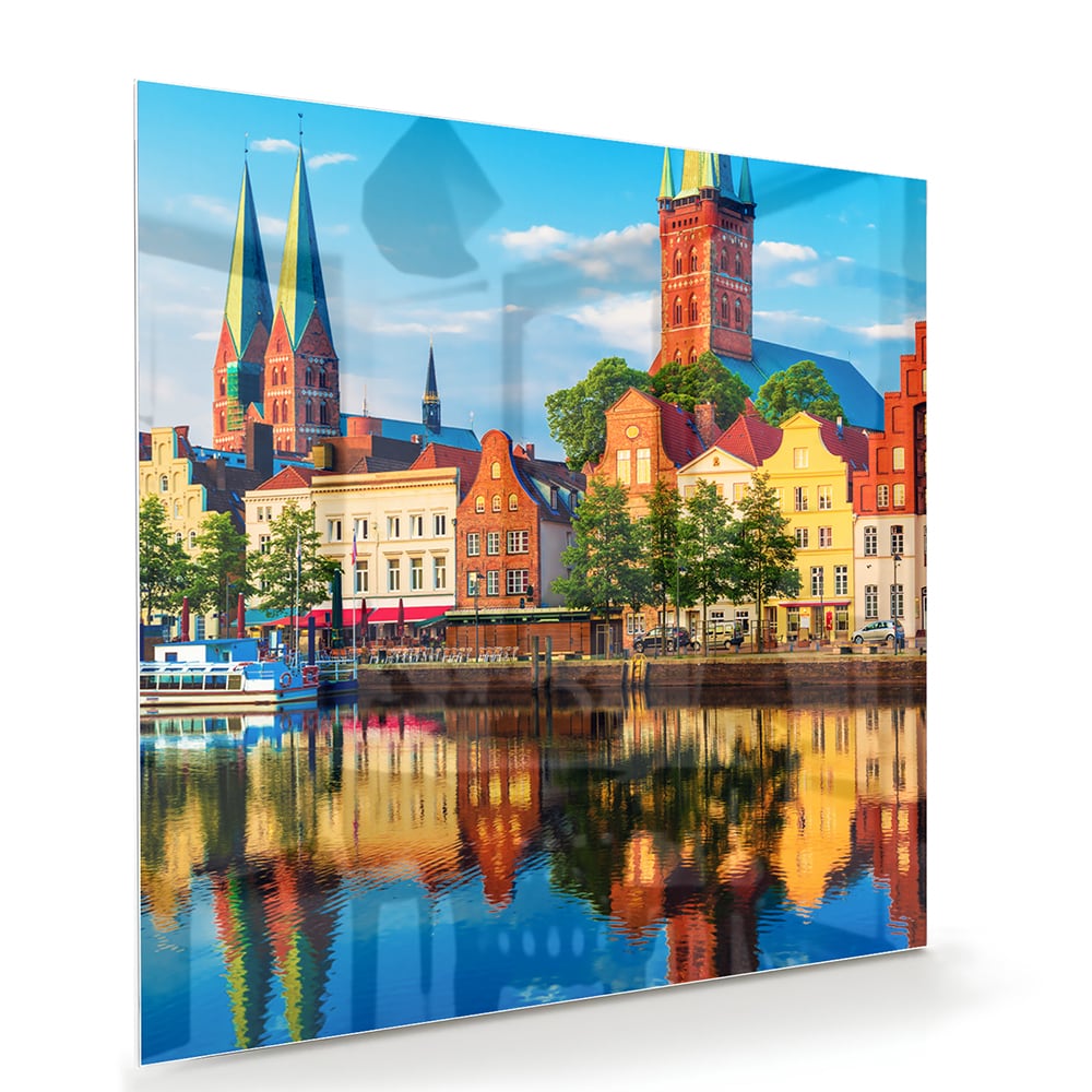 Farbenfrohes Glasbild mit einer Stadtlandschaft – Glasbild aus Sicherheitsglas, Größe 100x70