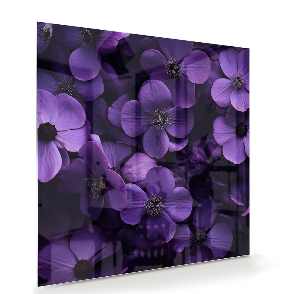 Glasbild mit violetten Blumen für Ihr Interieur – Glasbild aus Sicherheitsglas, Größe 100x70