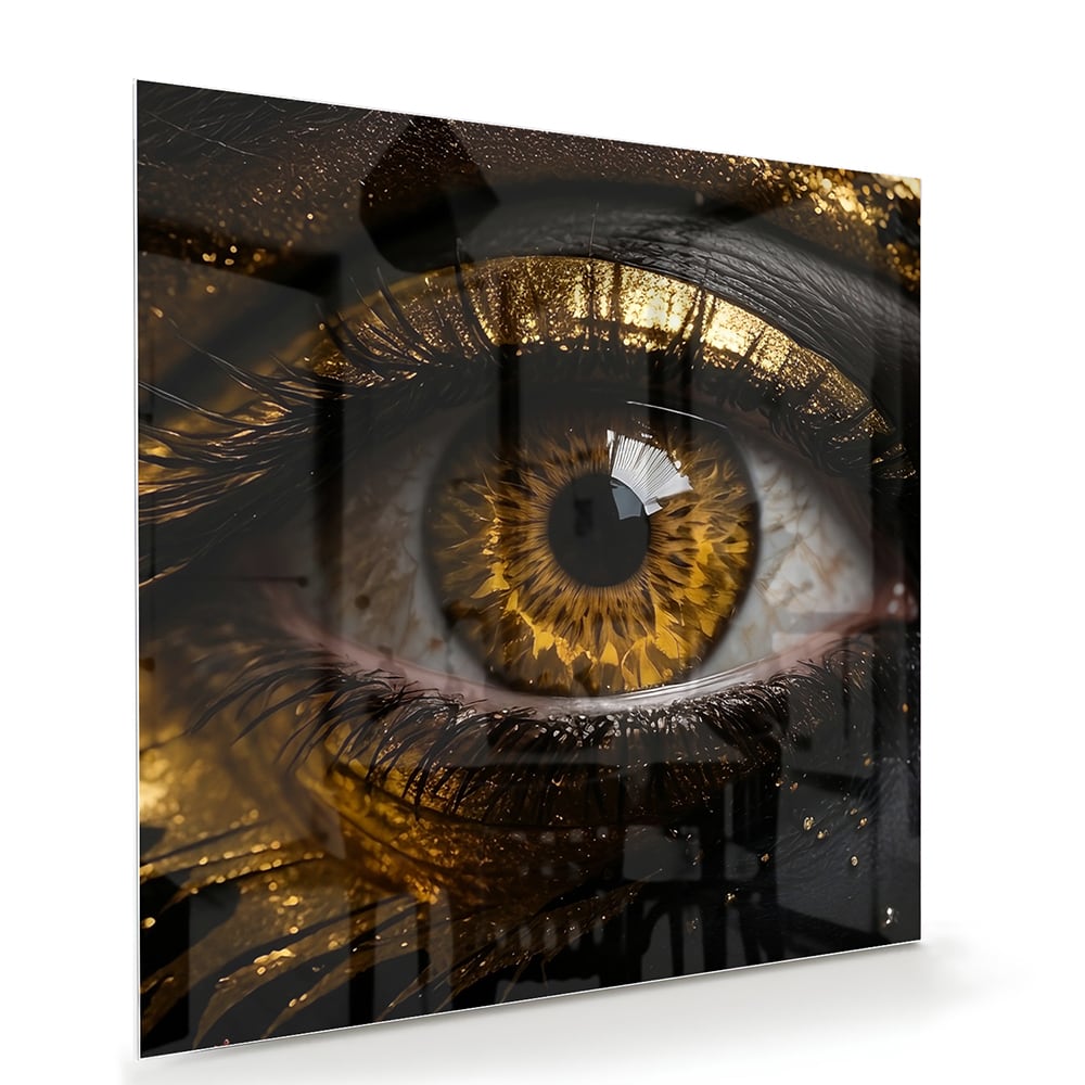 Glasbild Augen-Kunstwerk in Gold und Schwarz – Glasbild aus Sicherheitsglas, Größe 100x70