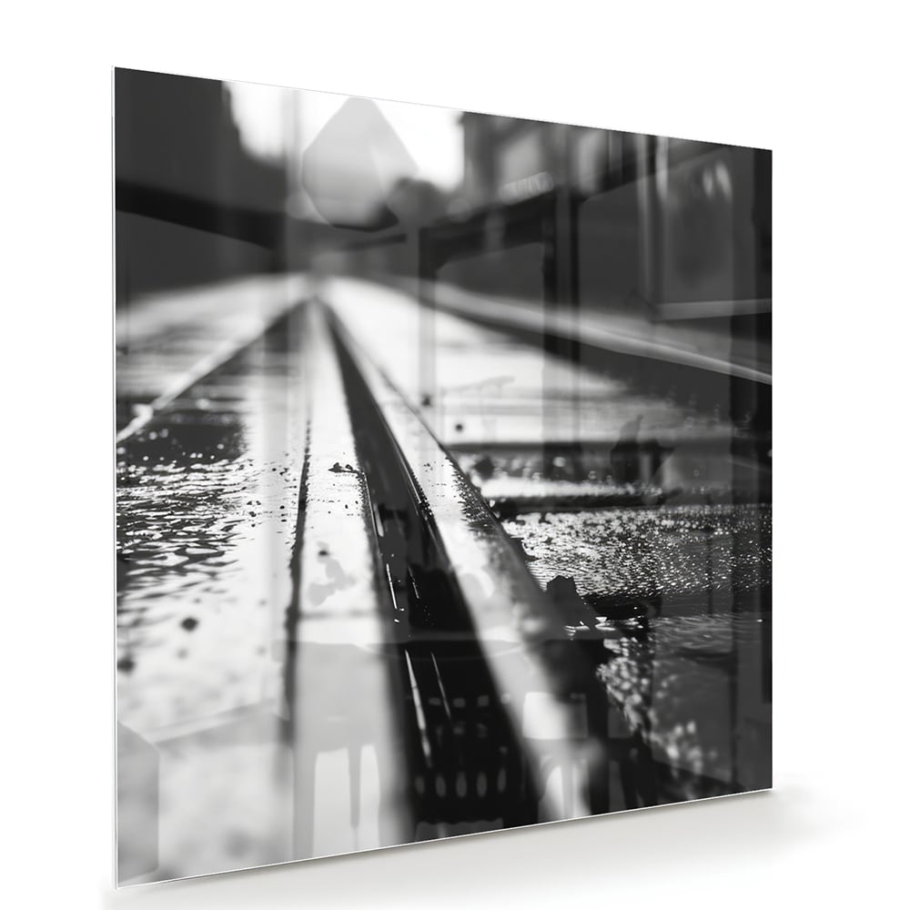 Schwarz-Weiß-Glasbild mit nassen Straßen – Glasbild aus Sicherheitsglas, Größe 100x70