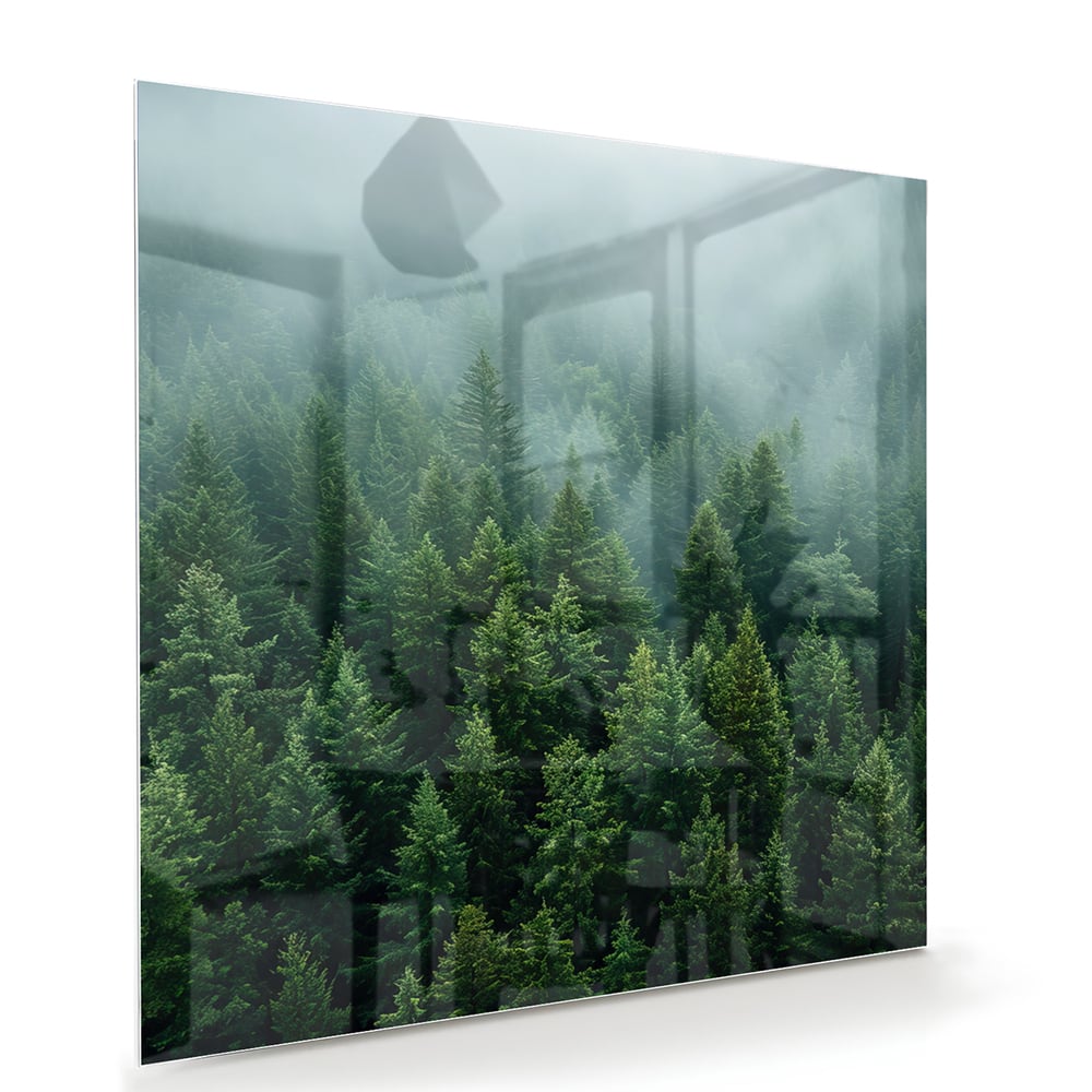 Glasbild mit nebligen Tannenwäldern – Glasbild aus Sicherheitsglas, Größe 100x70