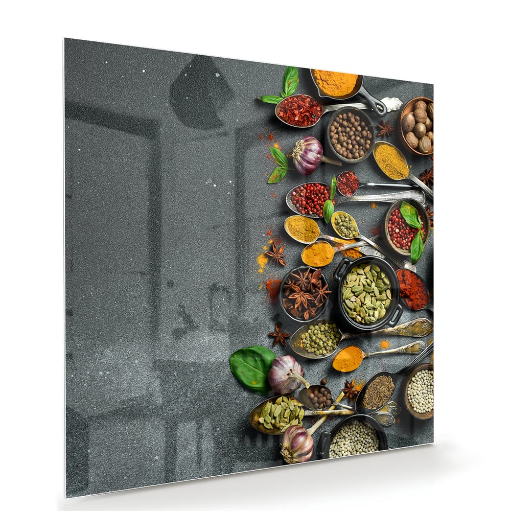Farbenfrohes Glasbild mit Kräutern und Gewürzen – Glasbild aus Sicherheitsglas, Größe 100x70