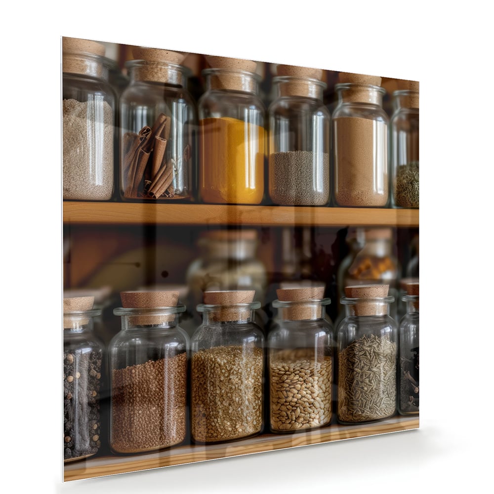 Glasbild mit Gewürzen in Einmachgläsern – Glasbild aus Sicherheitsglas, Größe 100x70