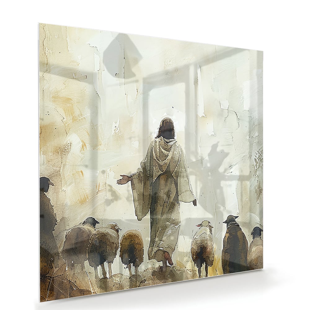 Glasbild mit spirituellem Wegweiser und Schafen – Glasbild aus Sicherheitsglas, Größe 100x70