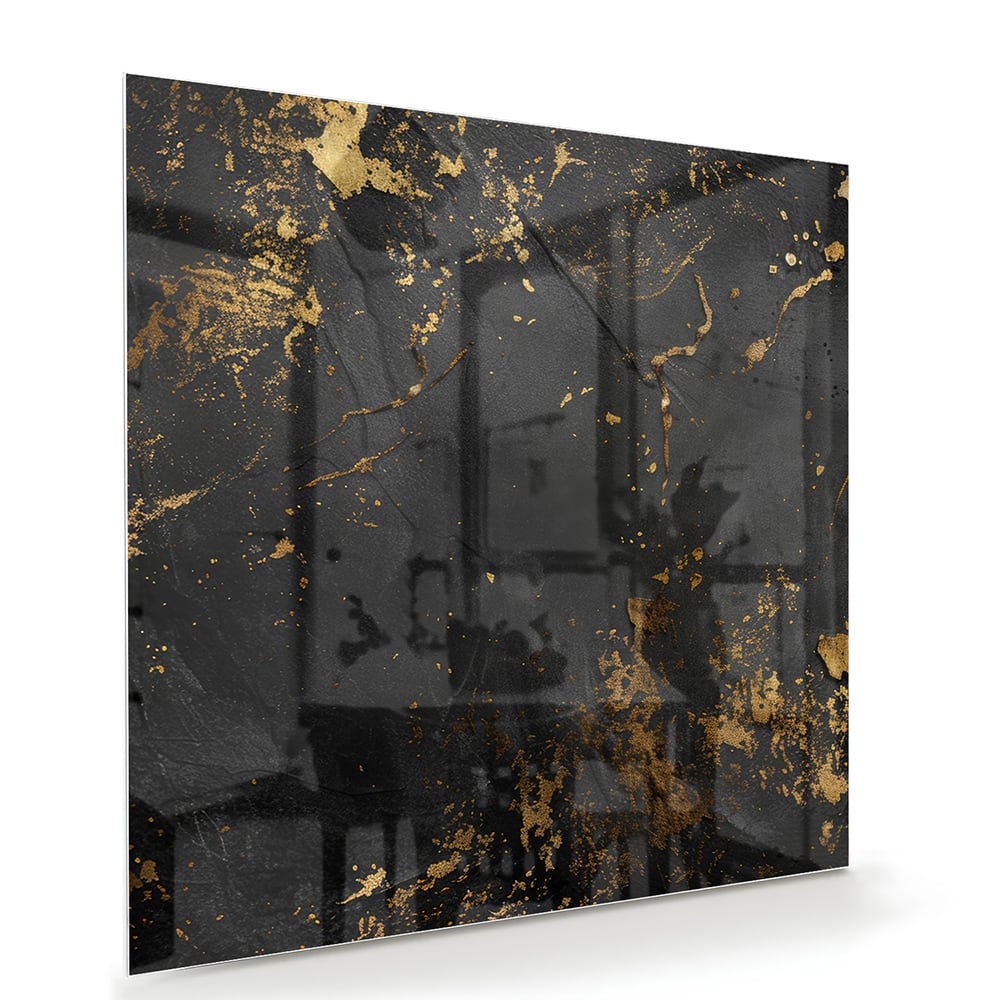 Gold-schwarzes Glasbild mit abstrakten Spritzern – Glasbild aus Sicherheitsglas, Größe 100x70
