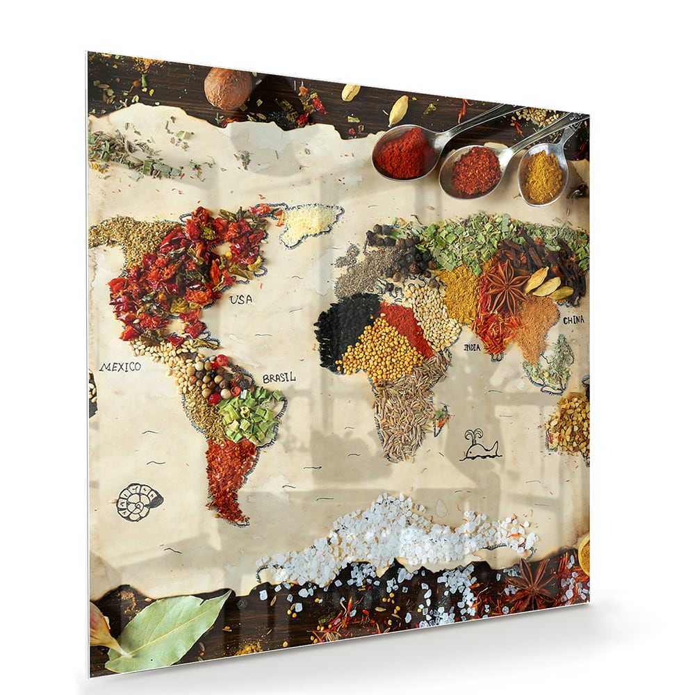 Farbenfrohes Glasbild mit Früchten und Gewürzen – Glasbild aus Sicherheitsglas, Größe 100x70