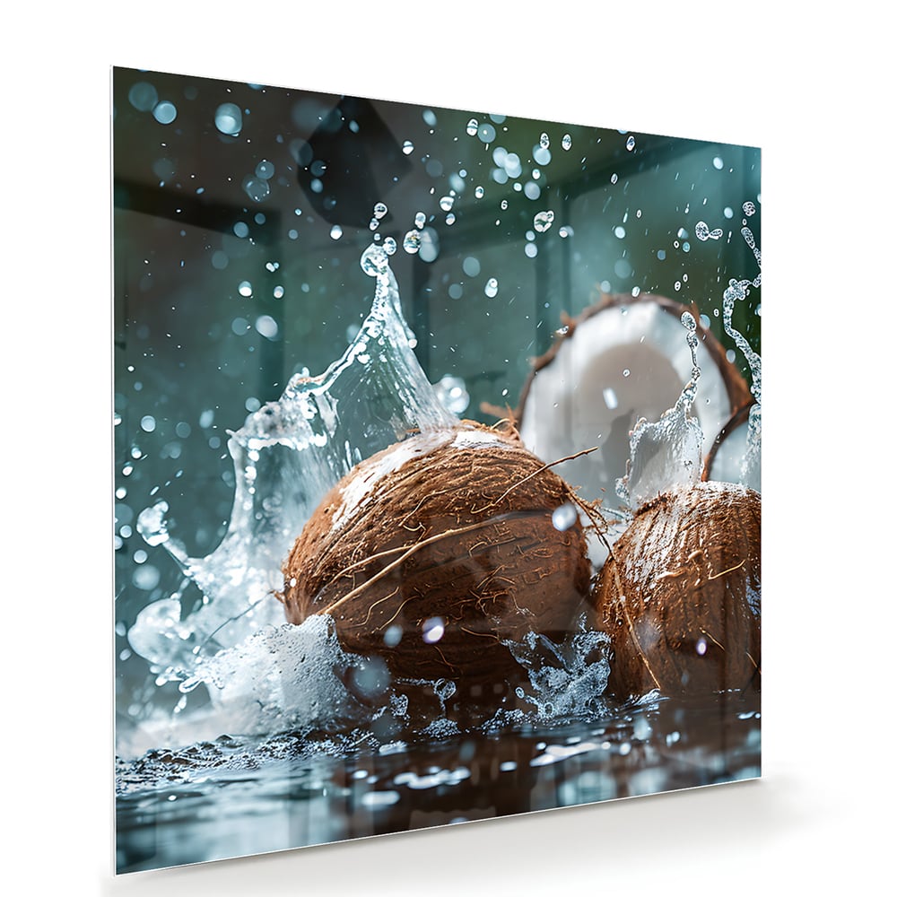 Glasbild Kokosnuss-Trio mit Wasserstrahlen – Glasbild aus Sicherheitsglas, Größe 100x70