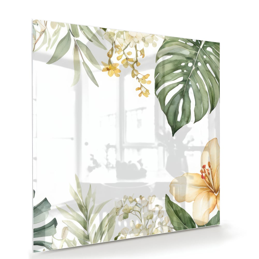 Glasbild mit tropischen Blättern und botanischer Flora – Glasbild aus Sicherheitsglas, Größe 100x70