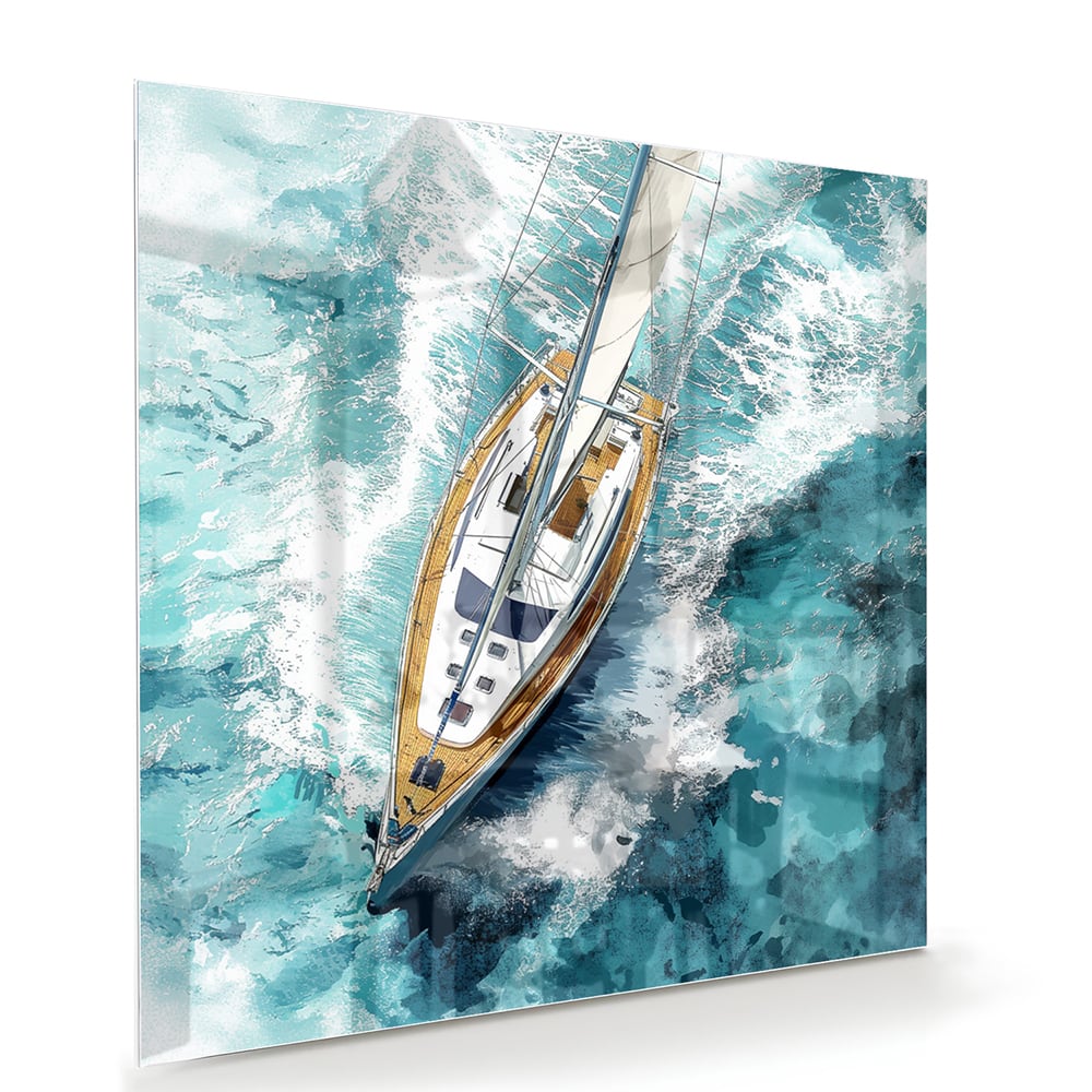 Wunderschönes Glasbild mit einer Yacht auf dem See – Glasbild aus Sicherheitsglas, Größe 100x70