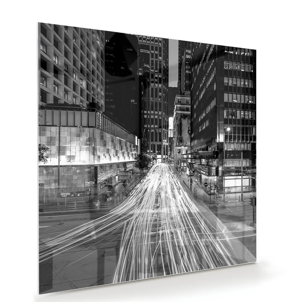 Schwarz-Weiß-Glasbild mit Stadtlichtern – Glasbild aus Sicherheitsglas, Größe 100x70