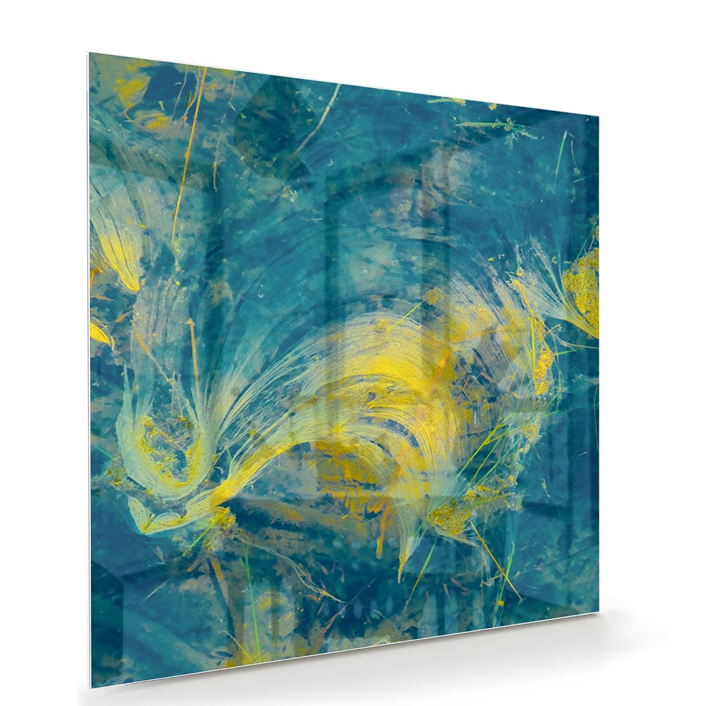 Farbenfrohes Glasbild mit abstraktem blau-gelbem Muster – Glasbild aus Sicherheitsglas, Größe 100x70